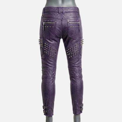Stylish purple studded leather biker pants for sale featuring zipper accents and punk rock design