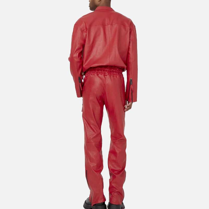 Stylish red biker leather jumpsuit by Glory Store US featuring contrast zippers and elastic waistband