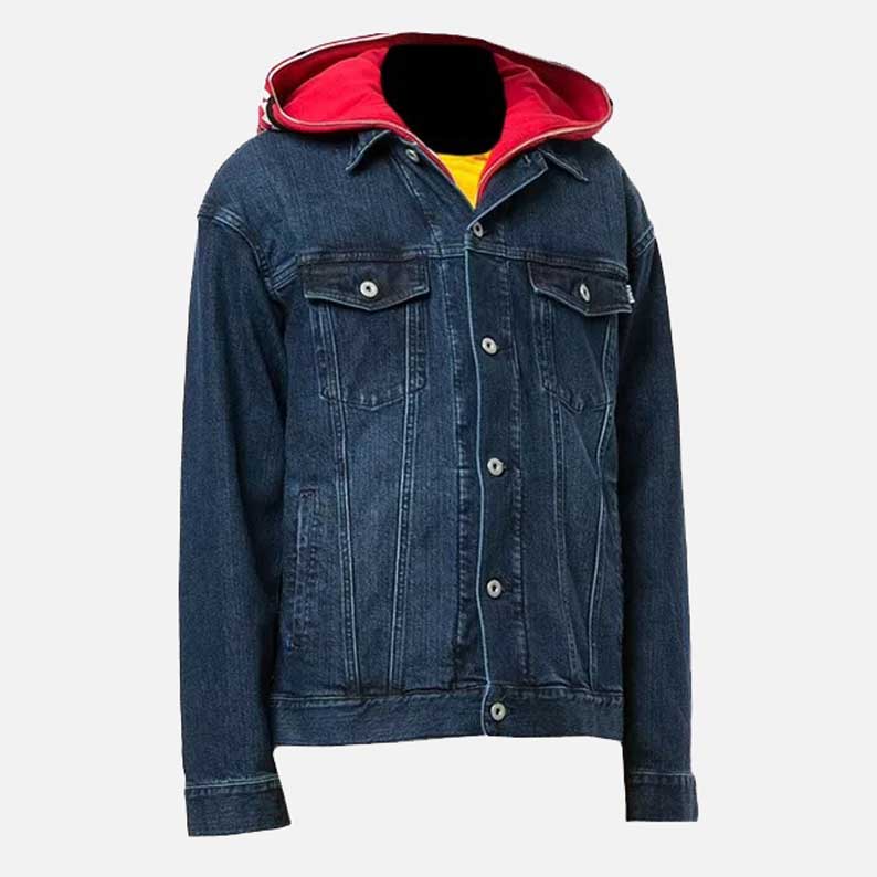 Stylish red blue denim jacket for sale with trendy hooded casual streetwear design