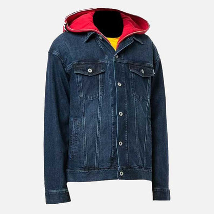 Stylish red blue denim jacket for sale with trendy hooded casual streetwear design