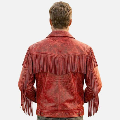 Stylish red cowboy biker leather jacket by Glory Store US with Western fringe detailing