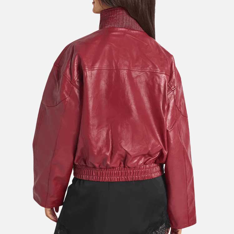 Stylish red lambskin bomber jacket for sale with elasticated hem by Glory Store US