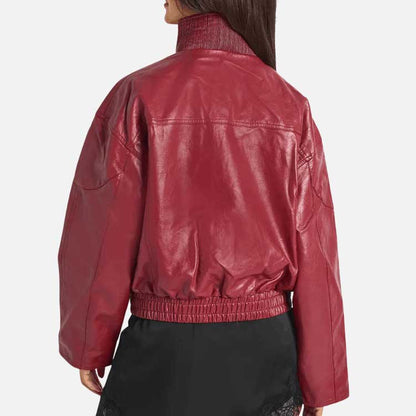Stylish red lambskin bomber jacket for sale with elasticated hem by Glory Store US