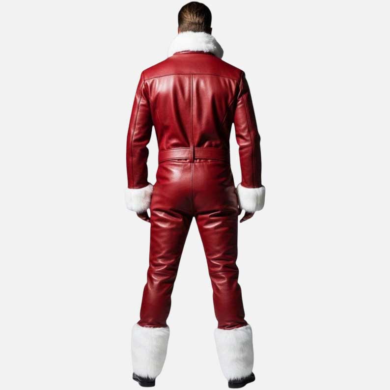 Stylish red leather jumpsuit for sale featuring white fur accents and zipper pockets