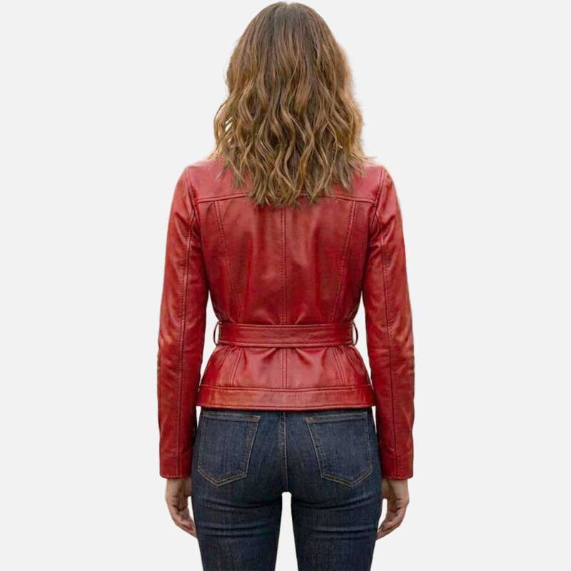 Stylish red leather trucker jacket for women with classic button up front