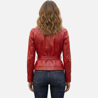 Stylish red leather trucker jacket for women with classic button up front