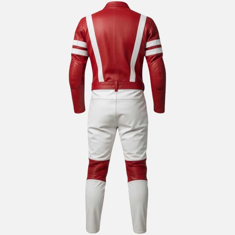 Stylish red and white motorcycle leather suit with racing design and reinforced stitching by Glory Store US