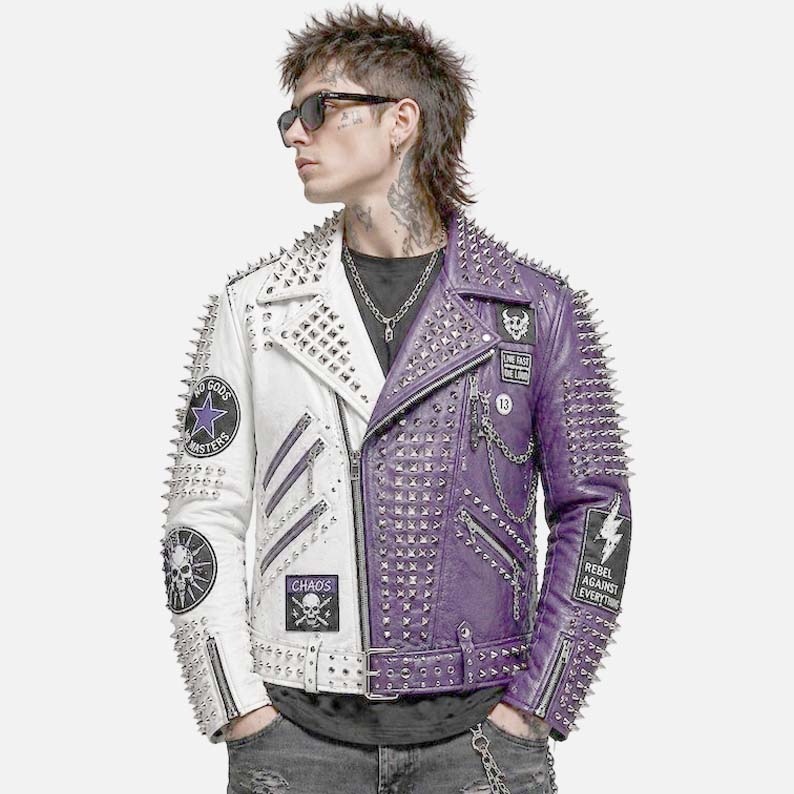 Stylish men’s studded purple biker jacket for sale featuring silver spikes and asymmetrical moto zip by Glory Store US