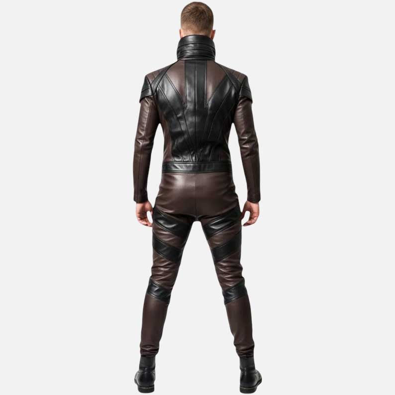 Stylish tactical leather riding suit by Glory Store US with high collar and panel detailing