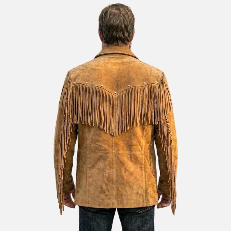 Stylish tan suede cowboy jacket for sale featuring western ranch style and fringe detailing
