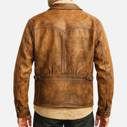 Stylish premium vintage tan waxed leather jacket with classic newsboy heritage design by Glory Store US