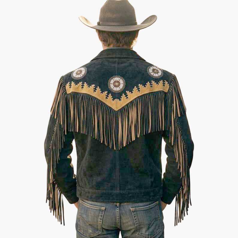 Stylish western fringe cowboy jacket for sale featuring suede leather and toggle closure