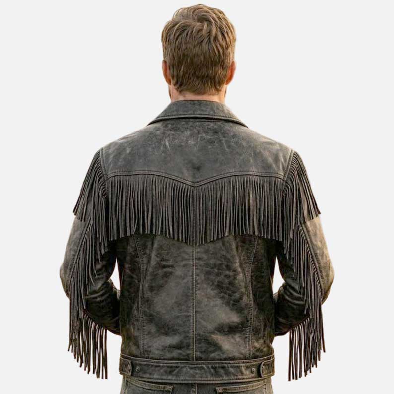 Stylish western leather fringe jacket for sale in black premium leather by Glory Store US
