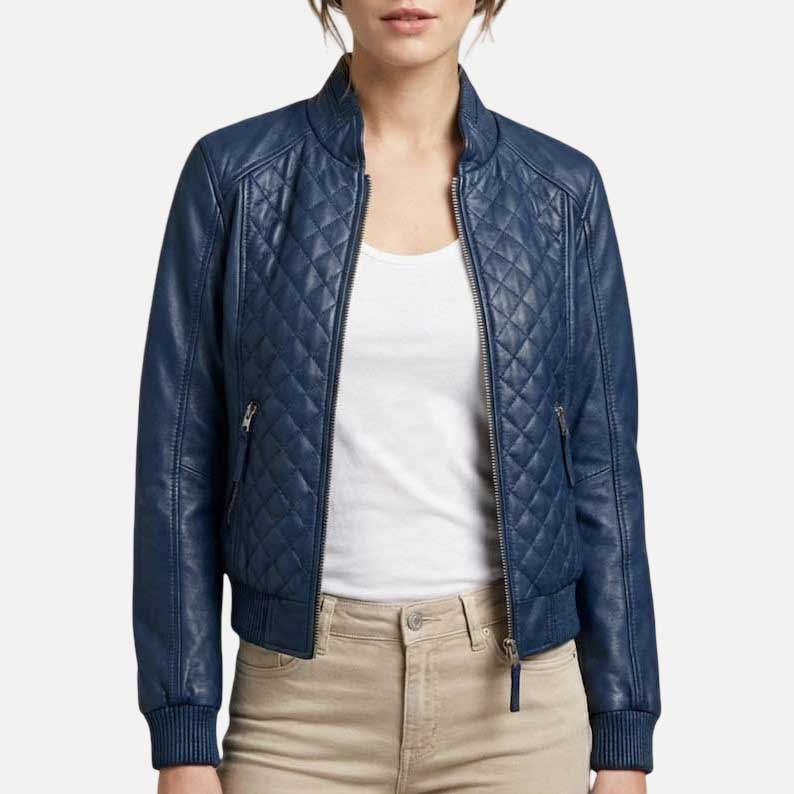Stylish women blue lambskin leather biker jacket by Glory Store US varsity inspired look