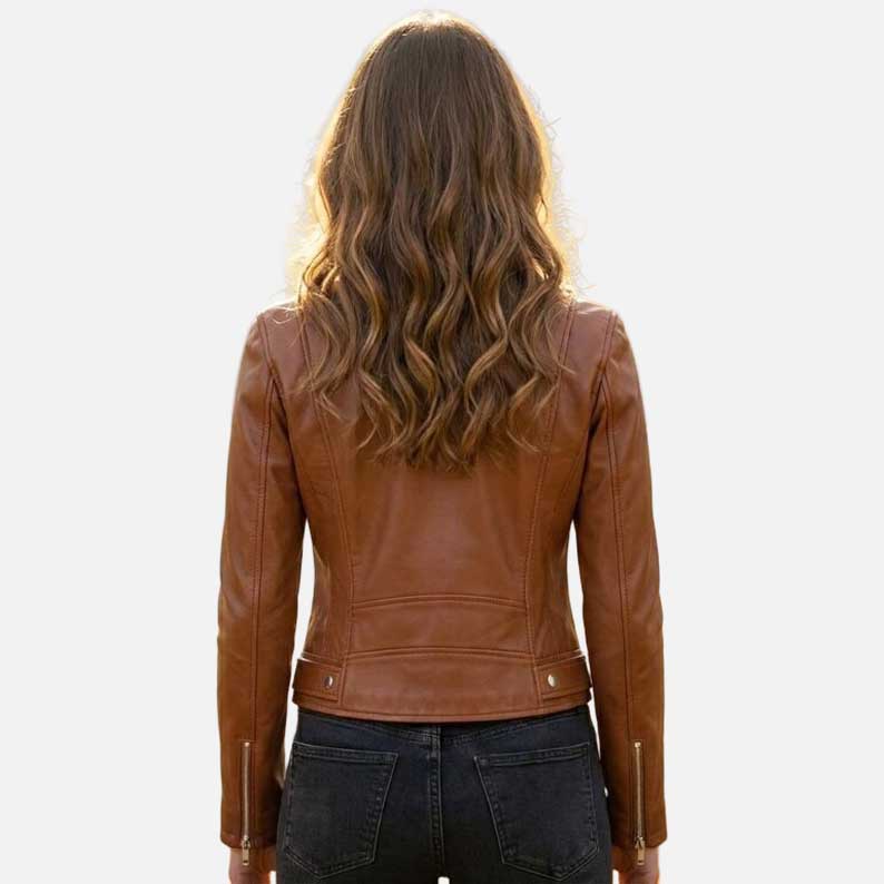 Stylish women brown soft leather jacket by Glory Store US lightweight moto inspired design