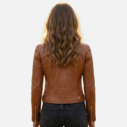 Stylish women brown soft leather jacket by Glory Store US lightweight moto inspired design