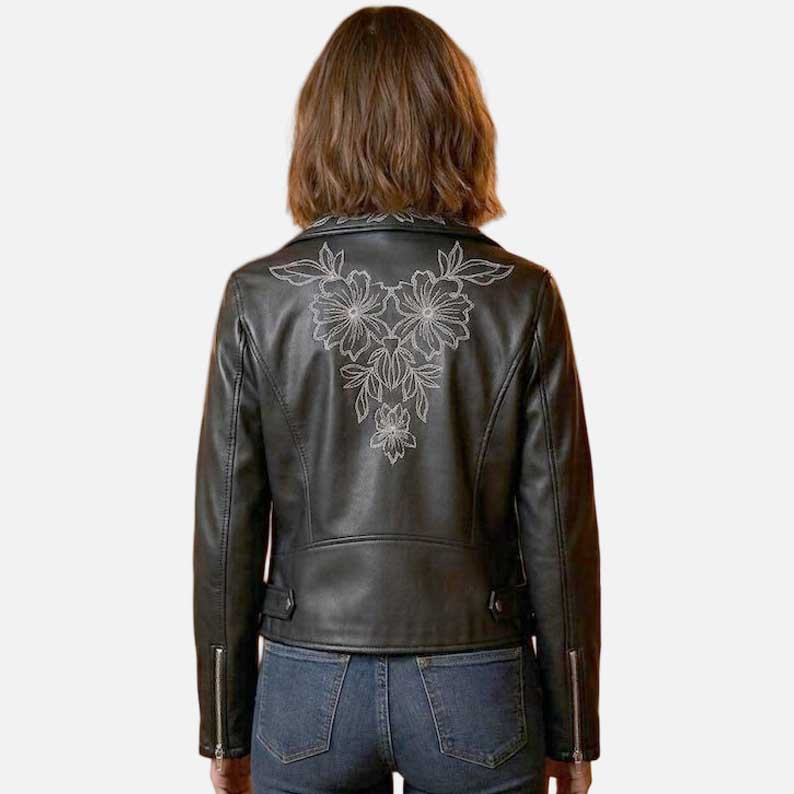 Stylish women embroidered biker leather jacket by Glory Store US with silver flower back art