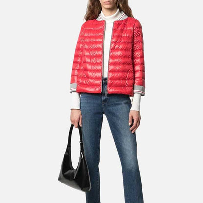 Stylish women lightweight puffer coat in red winter outerwear