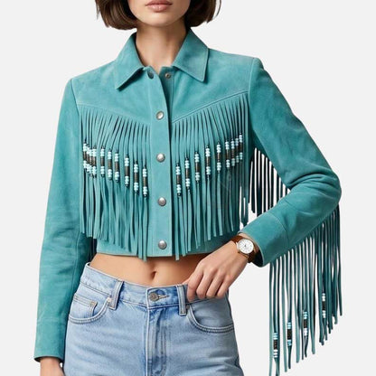 Stylish women turquoise suede cowgirl jacket by Glory Store US with long fringe detailing