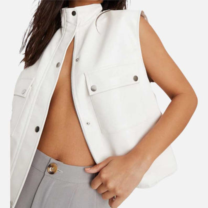 Stylish women white lambskin leather vest for sale at Glory Store US