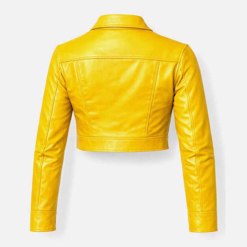 Stylish women yellow cropped leather jacket to buy for streetwear fashion by Glory Store US