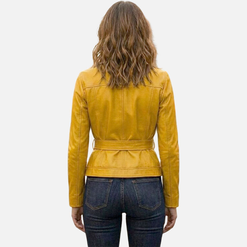 Stylish yellow leather trucker jacket for women with classic button up front