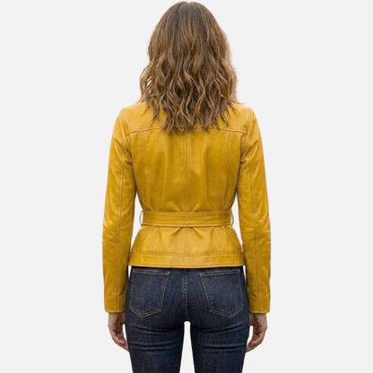 Stylish yellow leather trucker jacket for women with classic button up front