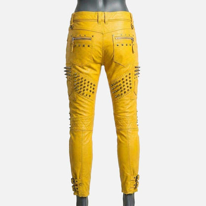 Stylish yellow studded leather biker pants for sale featuring zipper accents and punk rock design
