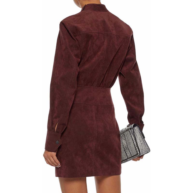 Women's Suede Leather Mini Dress with Long Sleeves and Snap Front Closure