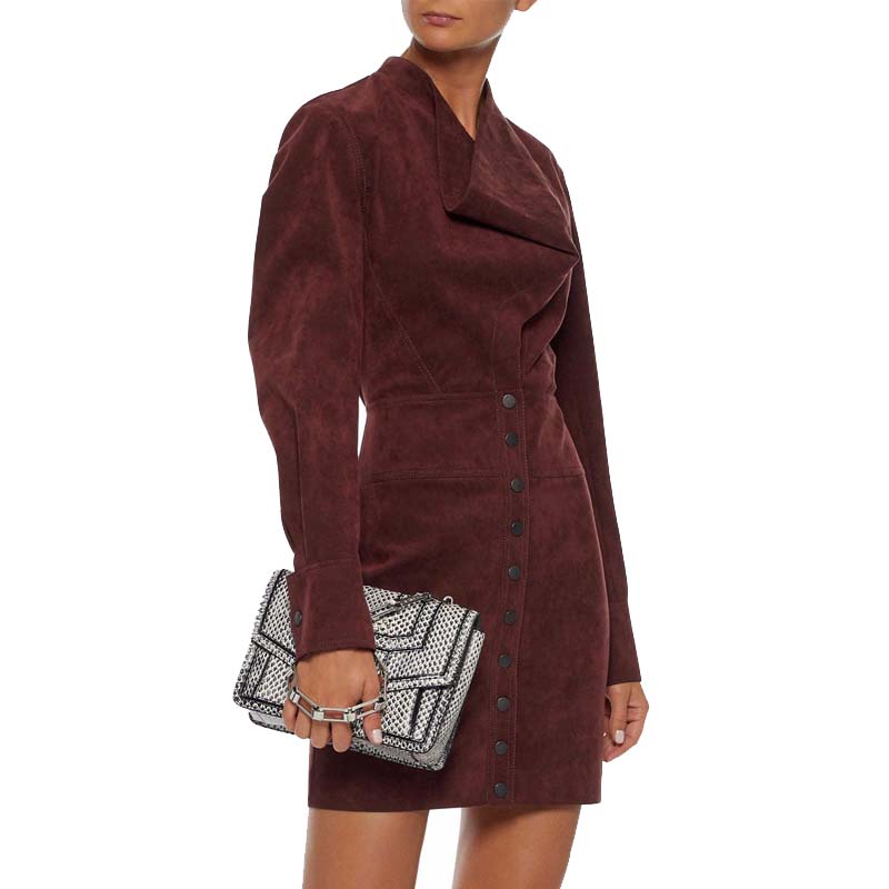 Women's Suede Leather Mini Dress with Long Sleeves and Snap Front Closure