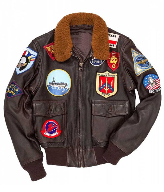 Top Gun Maverick Leather Bomber Jacket with Fur Collar