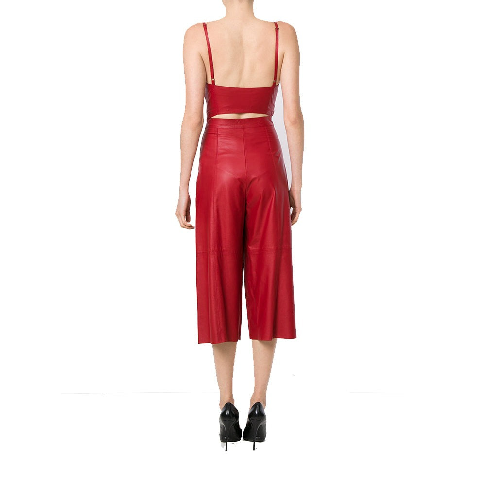 Women's Lambskin Leather Jumpsuit with Two Piece Paneled Design
