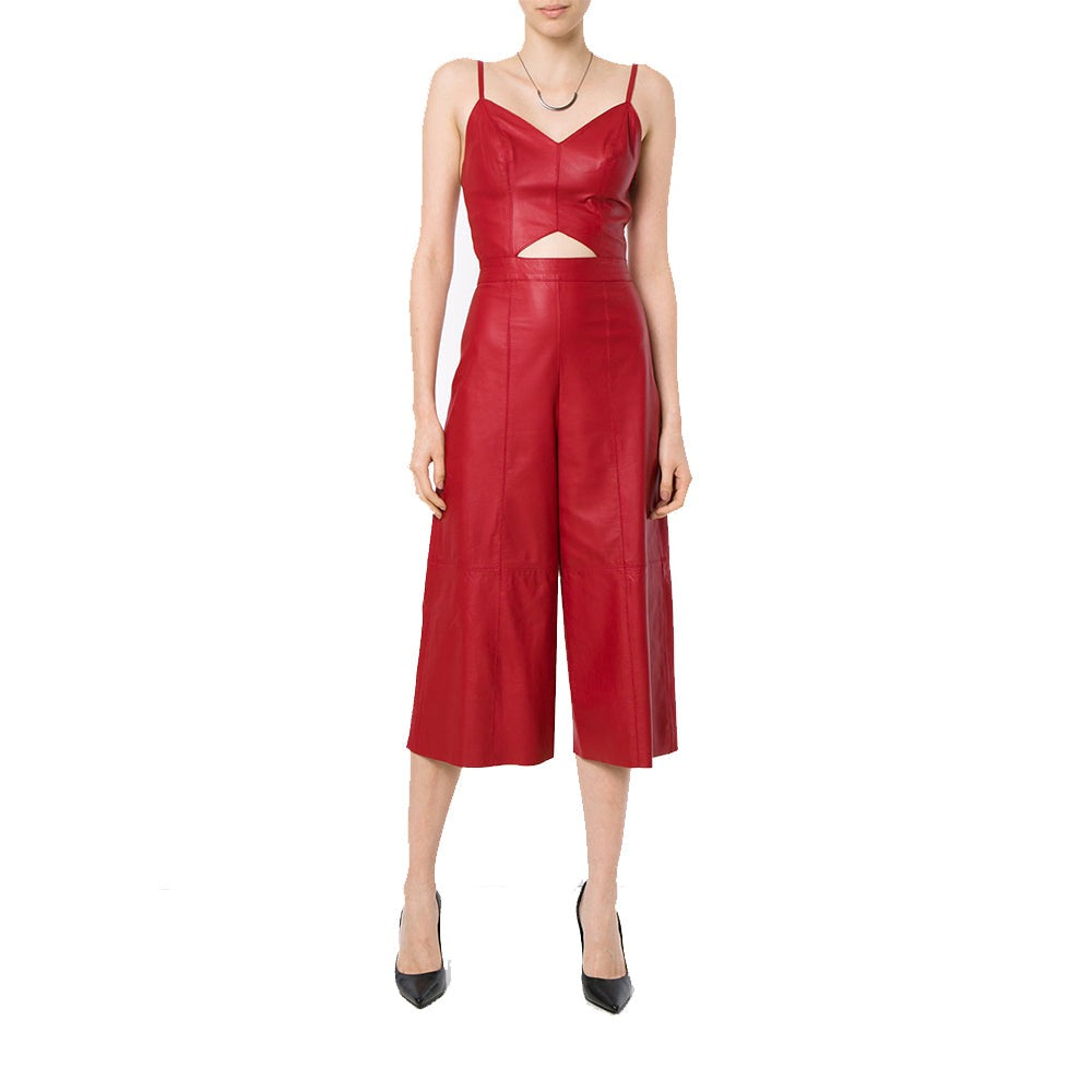 Women's Lambskin Leather Jumpsuit with Two Piece Paneled Design