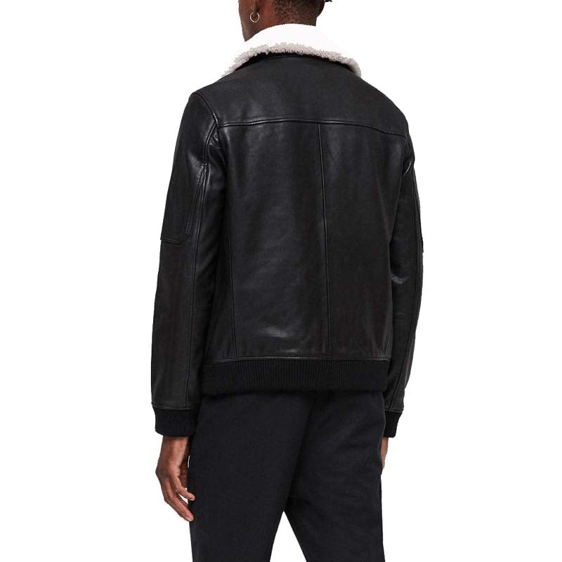 Men's Black Lambskin Leather Jacket with Faux Fur Stand Collar