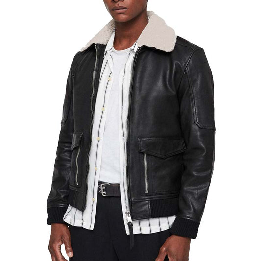 Men's Black Lambskin Leather Jacket with Faux Fur Stand Collar