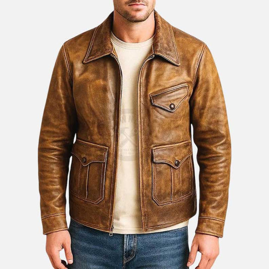 Best vintage tan waxed leather jacket for sale crafted from premium distressed real leather by Glory Store US