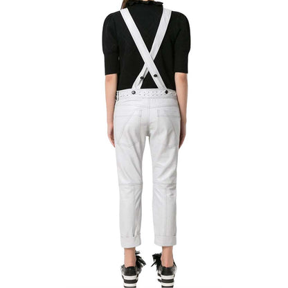 Women's White Lambskin Leather Jumpsuit with Cross Lace Detail