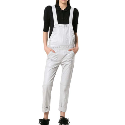 Women's White Lambskin Leather Jumpsuit with Cross Lace Detail