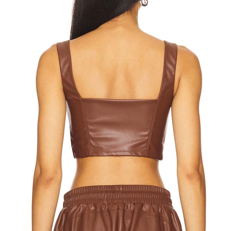 Women's Brown Lambskin Leather Bustier with Sleeveless Cropped Zipper Front Style