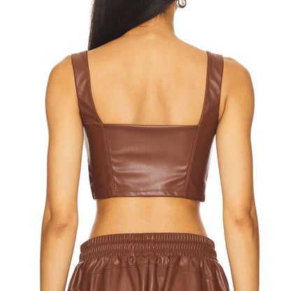 Women's Brown Lambskin Leather Bustier with Sleeveless Cropped Zipper Front Style