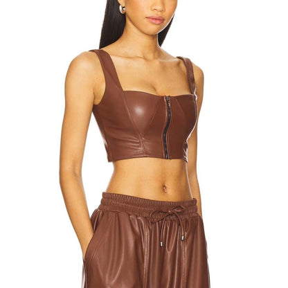 Women's Brown Lambskin Leather Bustier with Sleeveless Cropped Zipper Front Style
