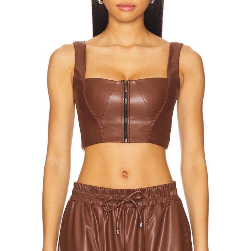 Women's Brown Lambskin Leather Bustier with Sleeveless Cropped Zipper Front Style