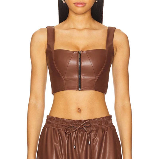Women's Brown Lambskin Leather Bustier with Sleeveless Cropped Zipper Front Style