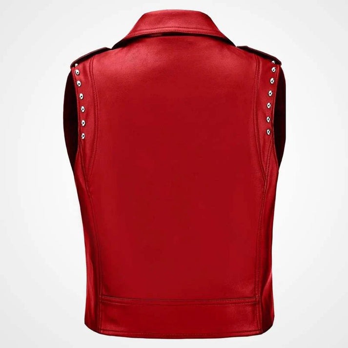 Women Red Sheepskin Leather Biker Vest With Studded Motorcycle Style