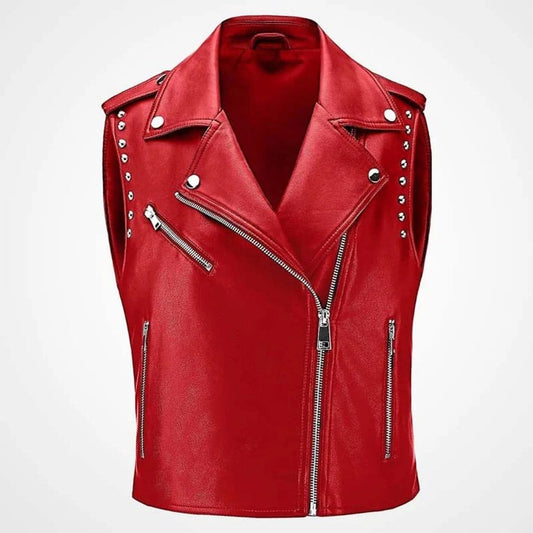 Women Red Sheepskin Leather Biker Vest With Studded Motorcycle Style