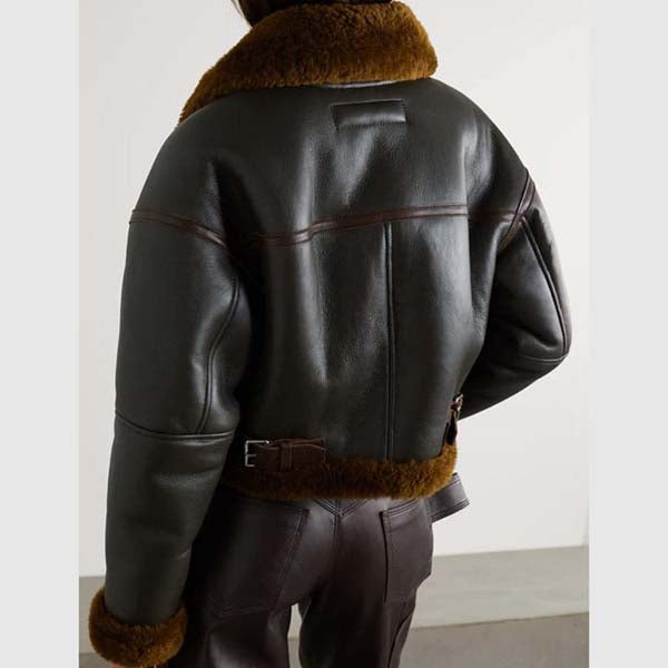 Women Brown Textured Calf Leather Jacket With Shearling Trim