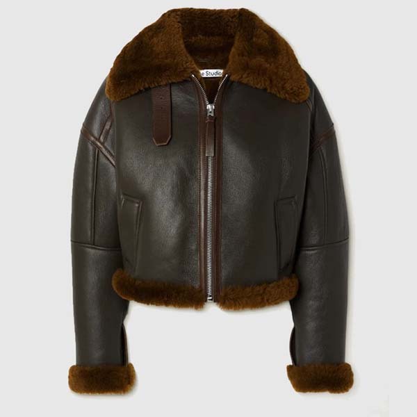 Women Brown Textured Calf Leather Jacket With Shearling Trim
