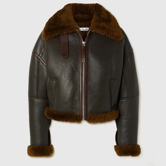 Women Brown Textured Calf Leather Jacket With Shearling Trim