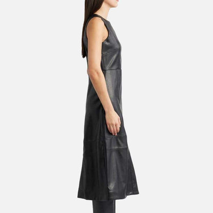 Best women’s black leather dress with jewel neckline and paneled detailing