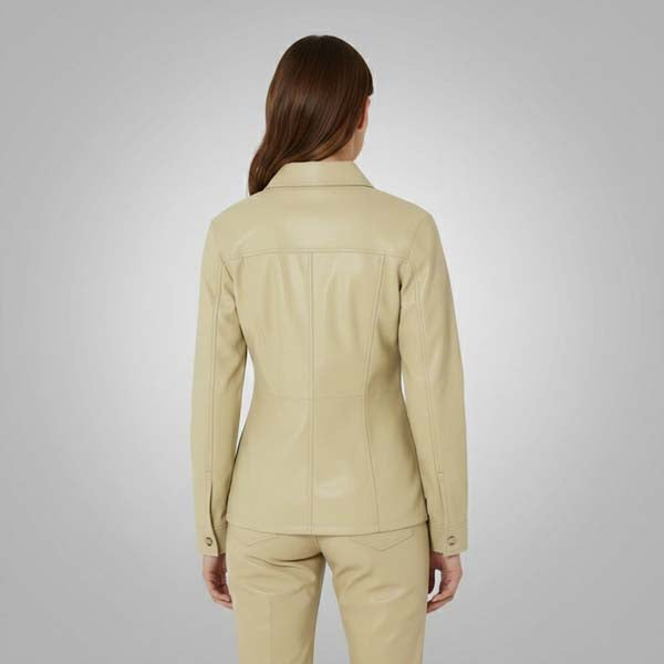 Women's Beige Genuine Leather Shirt Jacket with Relaxed Street Style - Premium Genuine Leather Outerwear